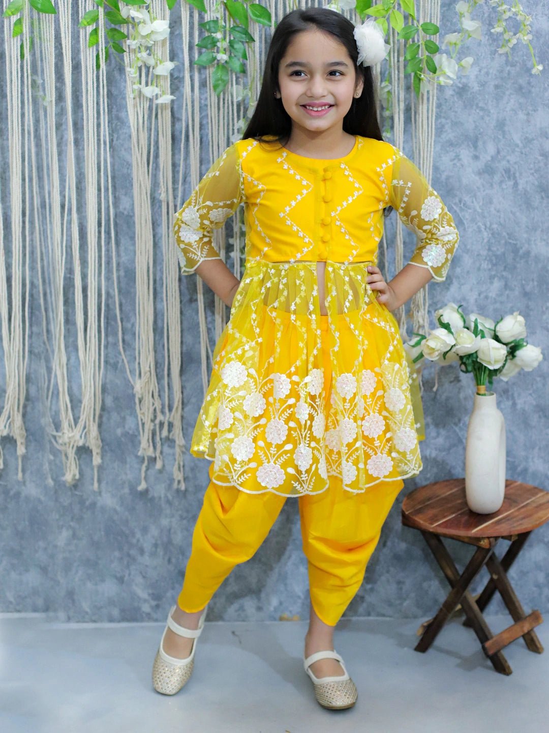 Fast Wear Embroidered Jacket with Top and Dhoti Set for Girls
