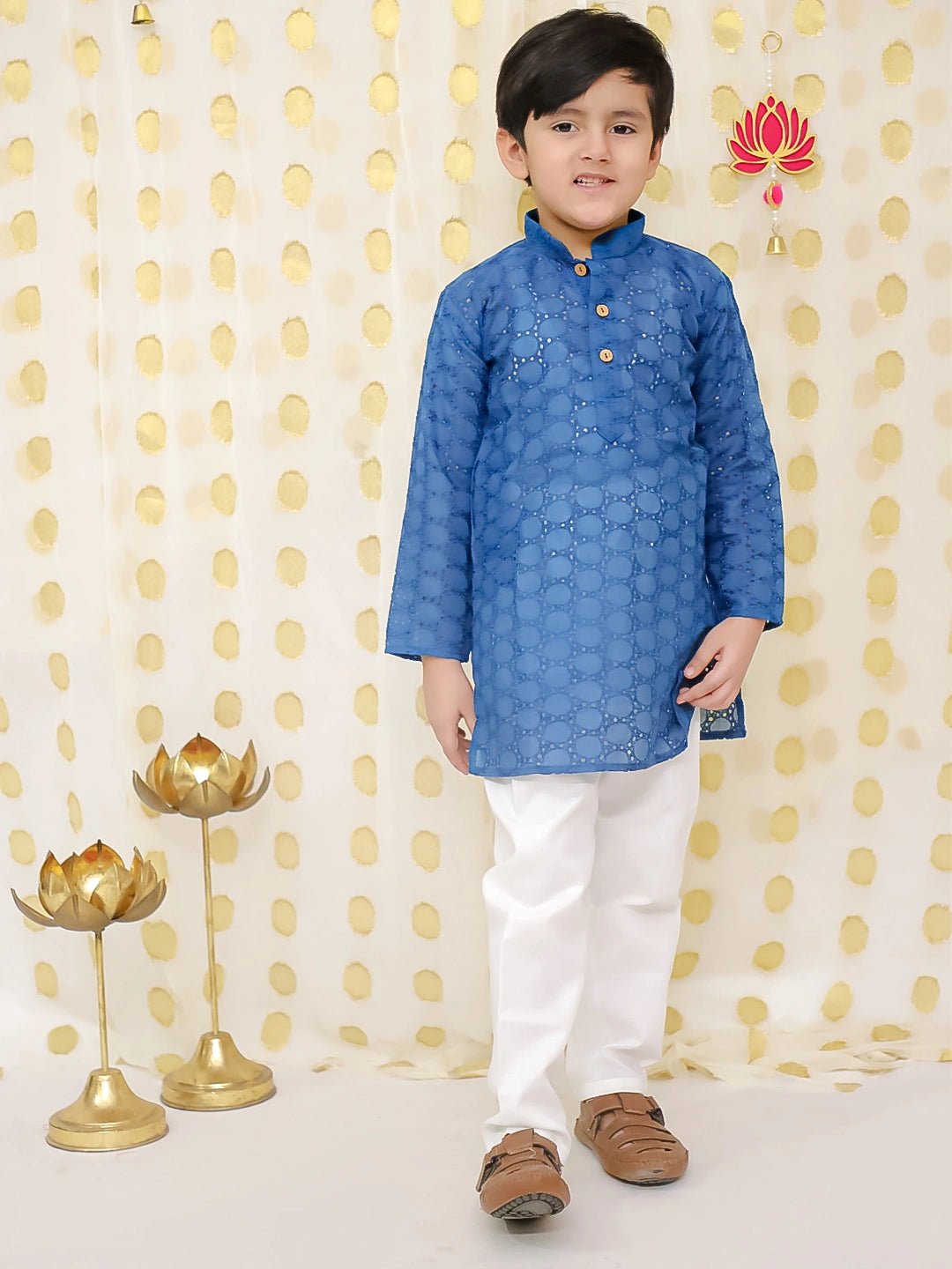 Fast Wear Chikan Full Sleeve Cotton Kurta with Pajama for Boys