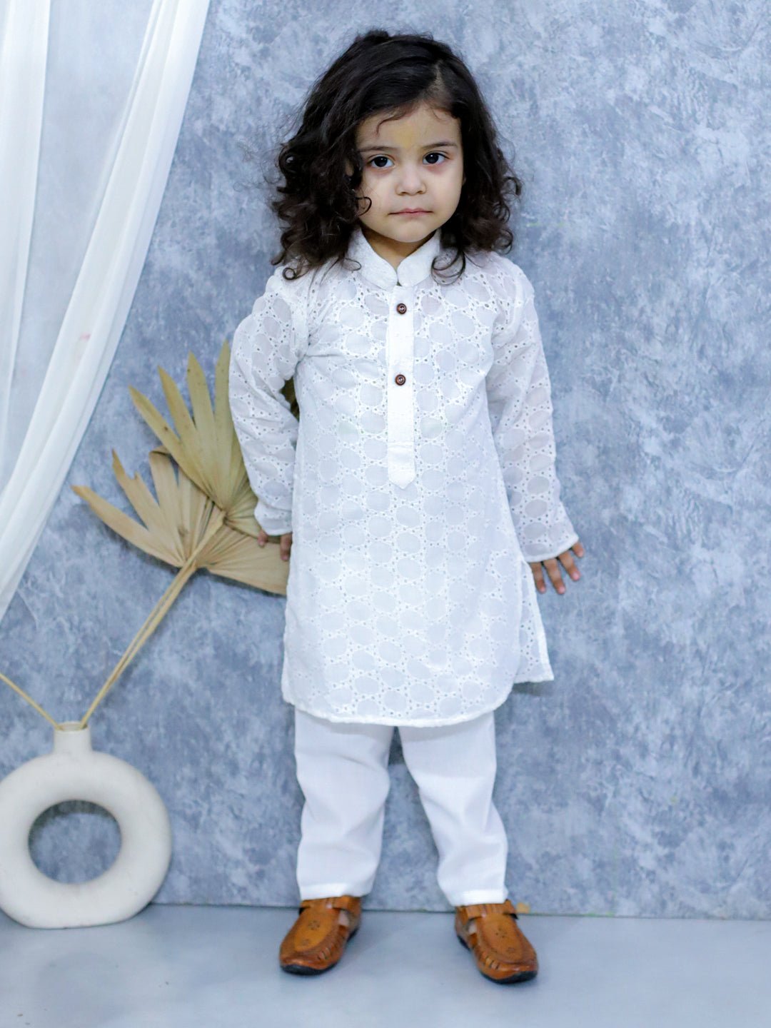 Fast Wear Chikan Full Sleeve Cotton Kurta with Pajama for Boys