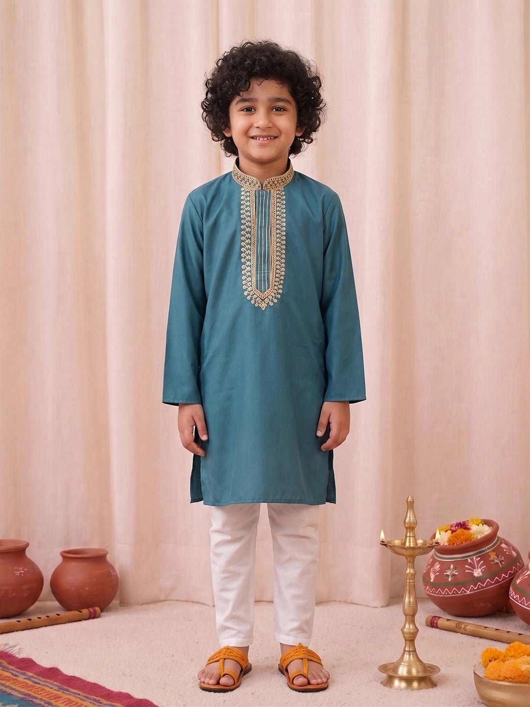 Fast Wear Embroidery Full Sleeve Cotton Kurta with Pajama for Boys
