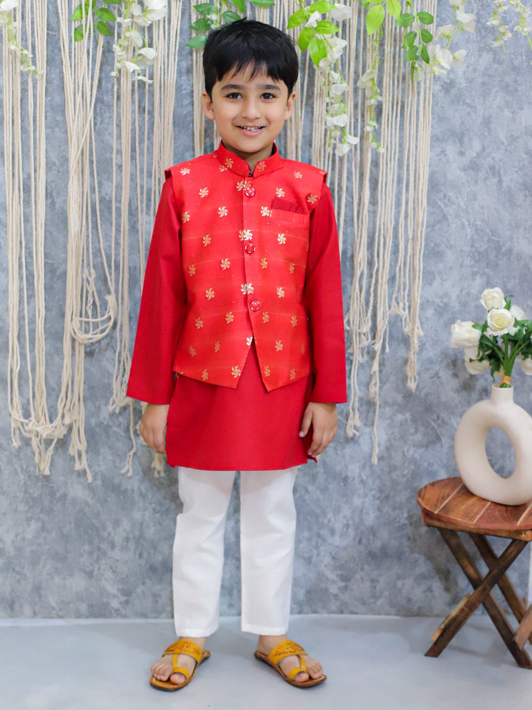 Fast Wear Boys Jacquard Jacket with Full Sleeve Cotton Kurta Pajama