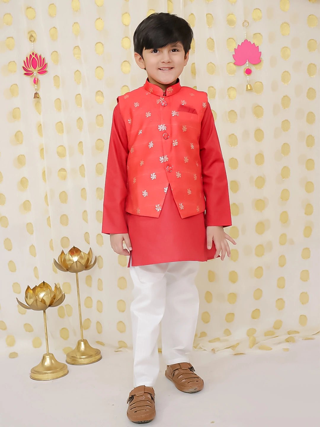 Fast Wear Jacquard Jacket with Full Sleeve Cotton Kurta Pajama for Boys