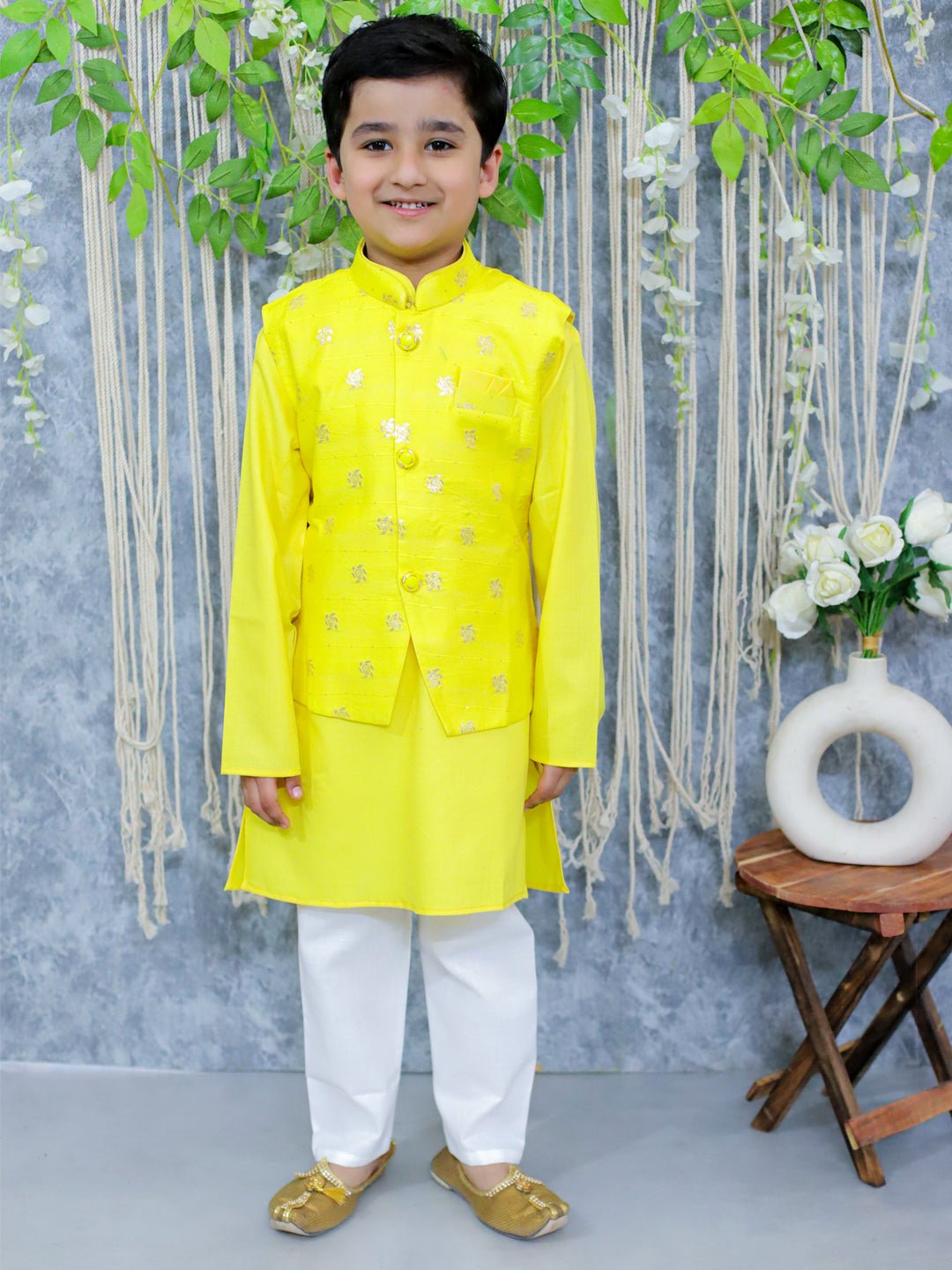 Fast Wear Jacquard Jacket with Full Sleeve Cotton Kurta Pajama for Boys