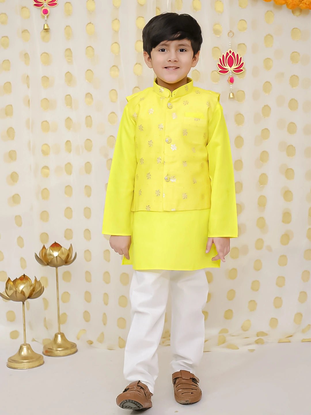 Fast Wear Jacquard Jacket with Full Sleeve Cotton Kurta Pajama for Boys