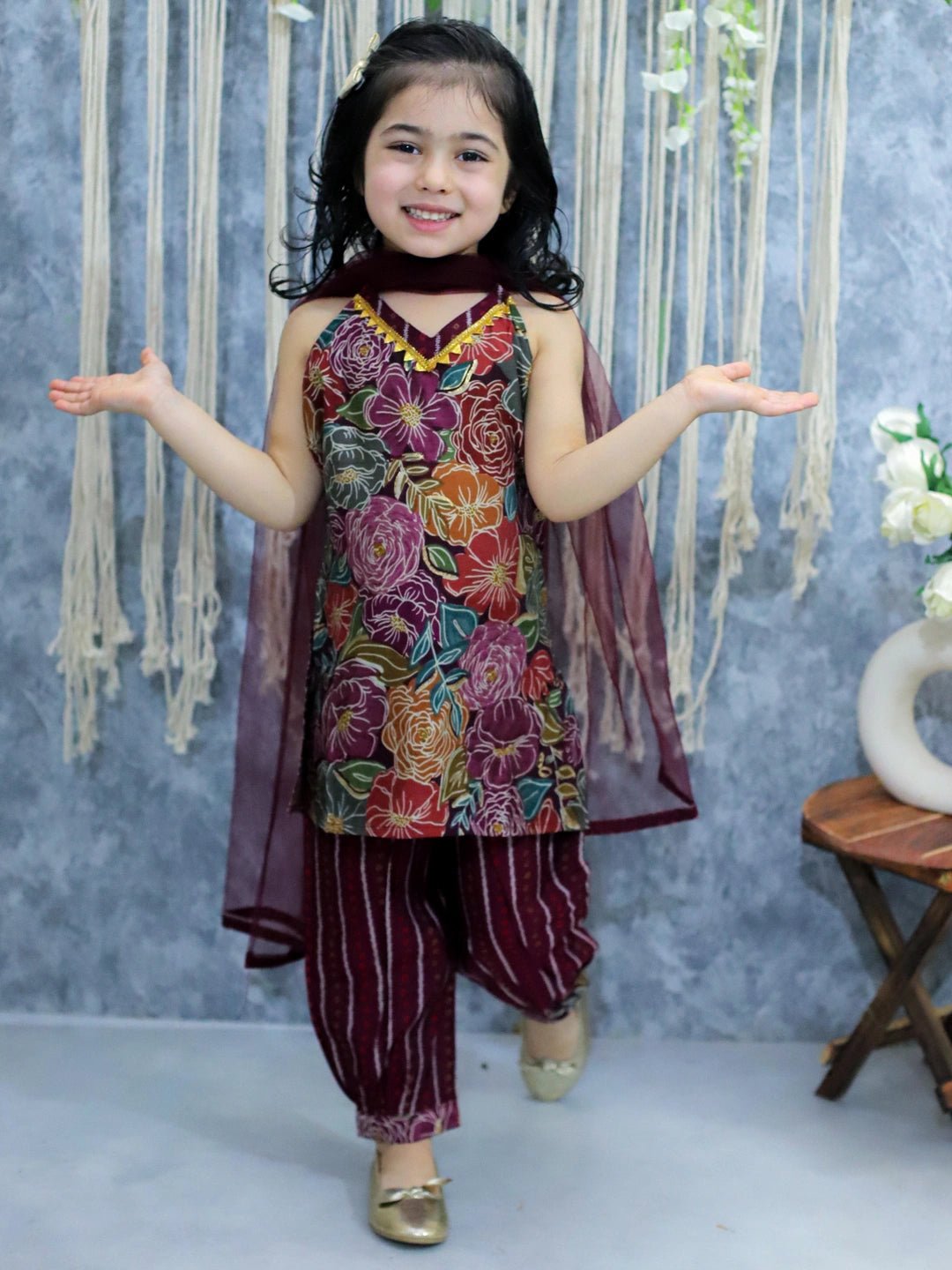 Fast Wear Girls Printed Halter Neck Kurti with Harem Pants & Dupatta