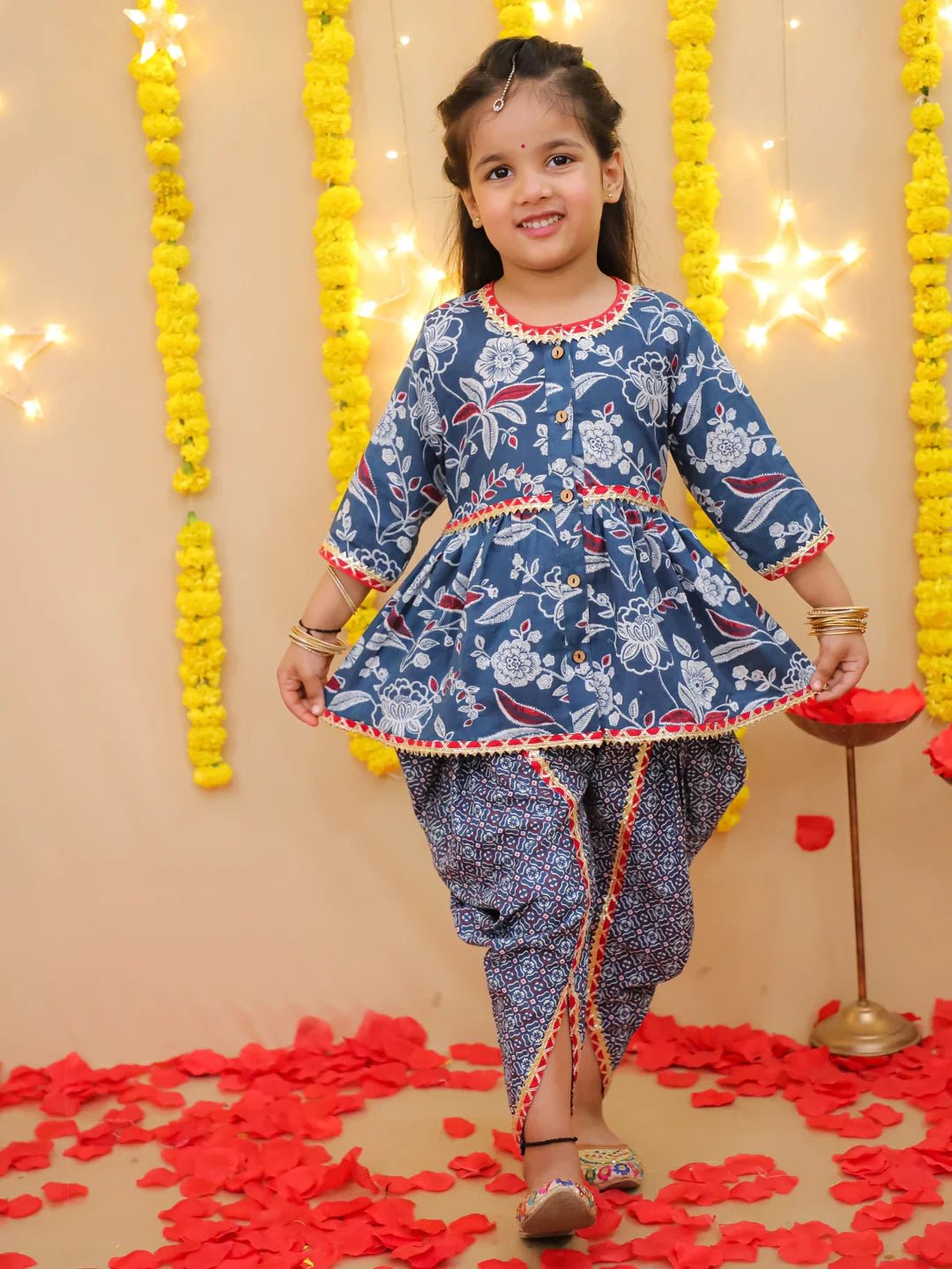 Fast Wear Floral  3/4th Sleeves Top & Bottom Ethnic Clothing Set For Girls