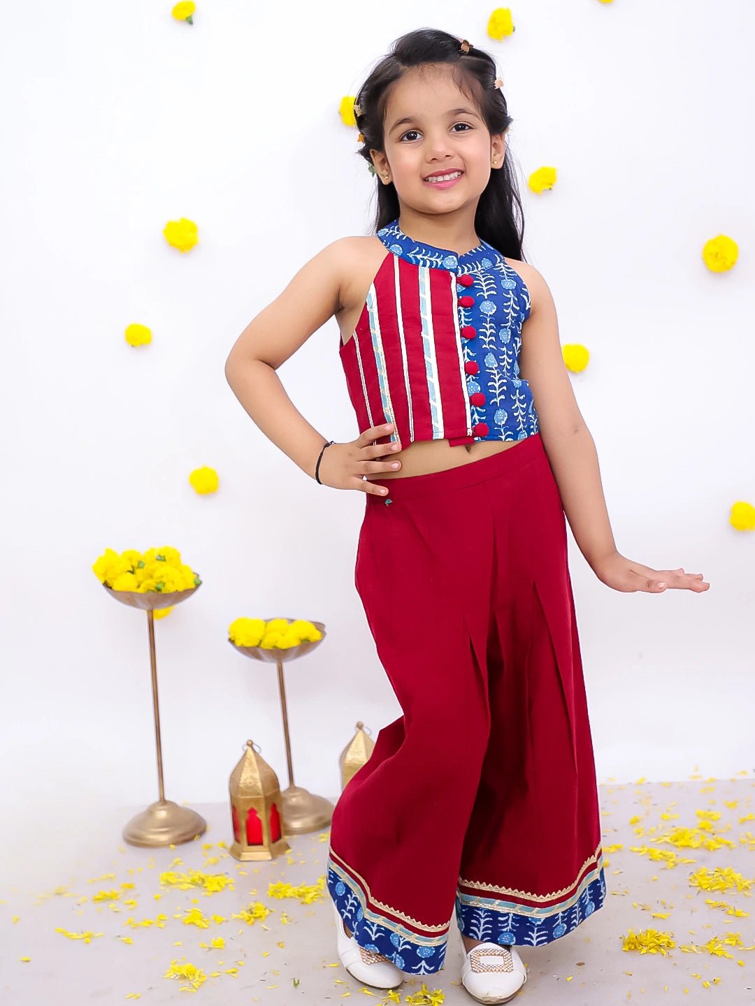 Fast Wear Pure Cotton Halter Neck With Collared  Top With Palazo Set For Girls