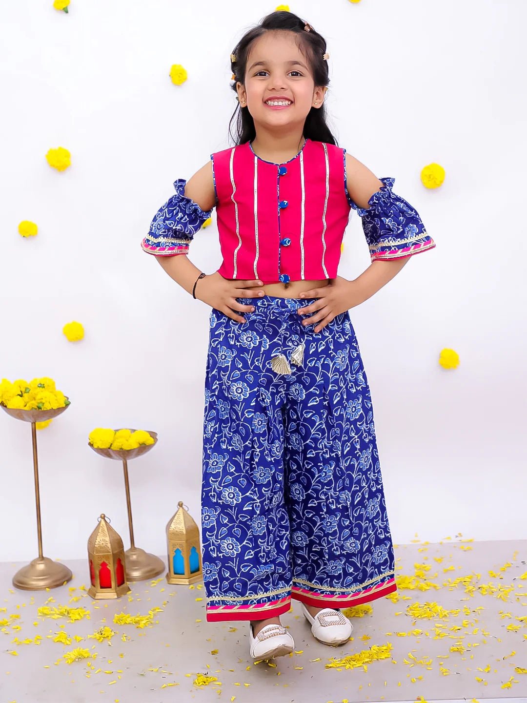 Fast Wear Pure Cotton Off Shoulder Top With Palazo Set For Girls