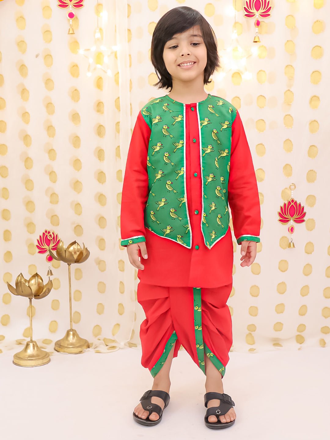 Fast Wear Pure Cotton Parrot printed Long sleeves Dhoti Kurta With Attach Jacket Set For Boys