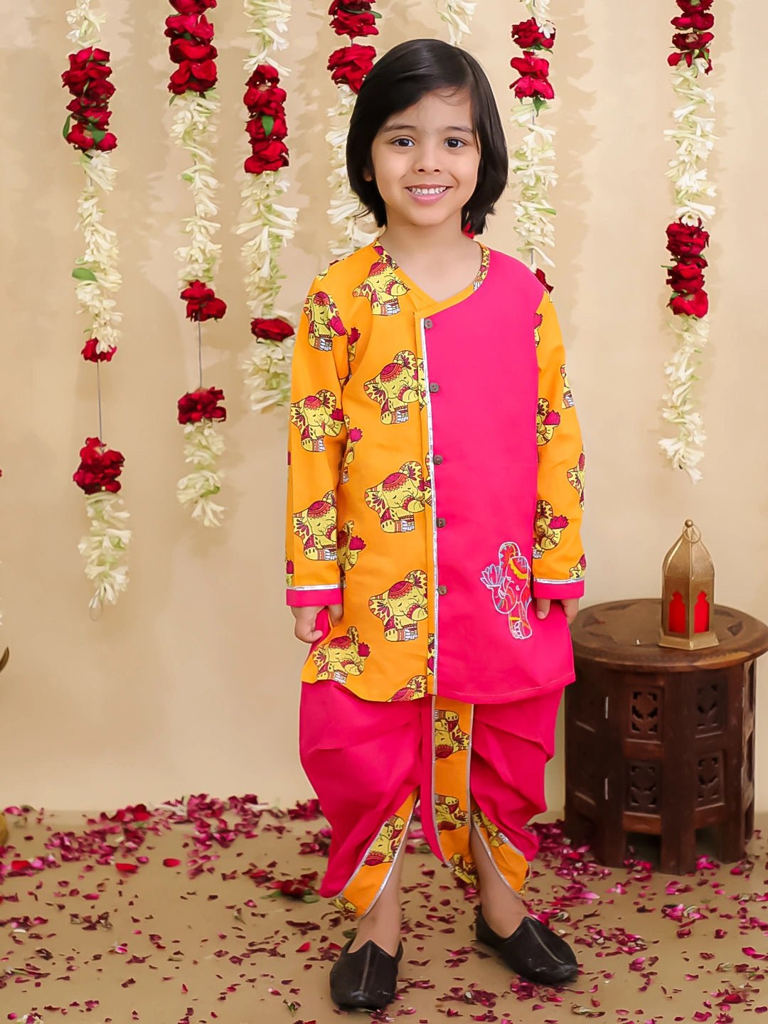 Fast Wear Pure Cotton Embroidered Elephant Print Dhoti Kurta for Boys Traditional Festive Wear