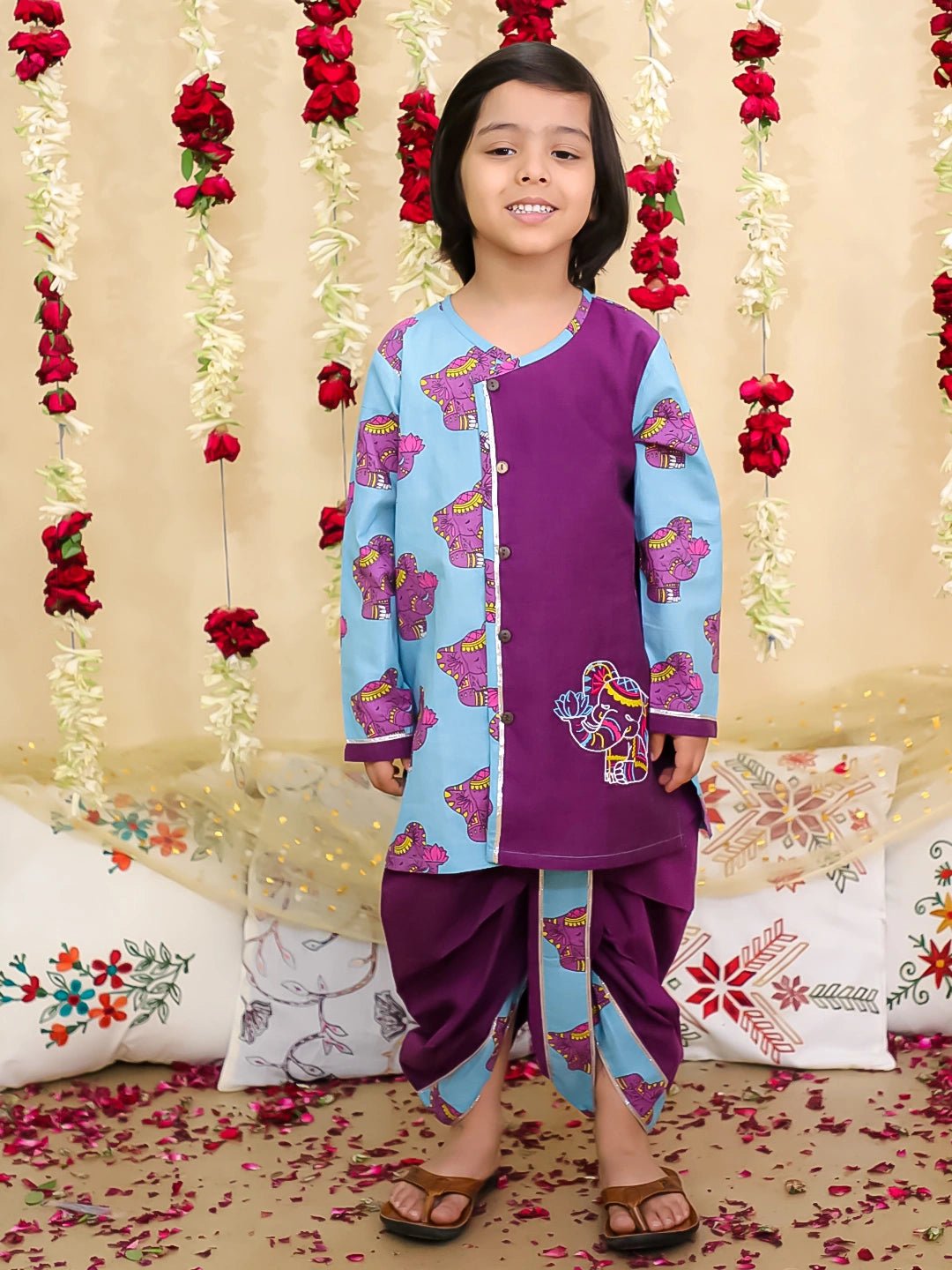 Fast Wear Pure Cotton Embroidered Elephant Print Dhoti Kurta for Boys | Traditional Festive Wear ? Purple