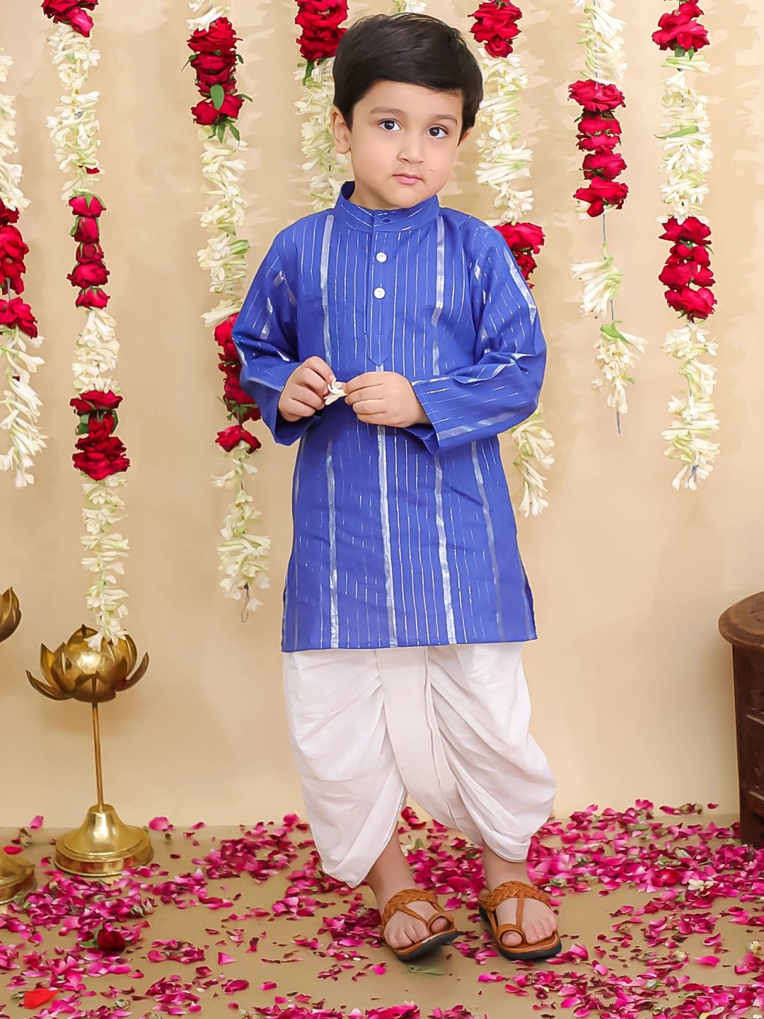 Fast Wear Pure Cotton Lurex Kurta with Dhoti Set for Boys | Traditional Festive Wear ? Blue