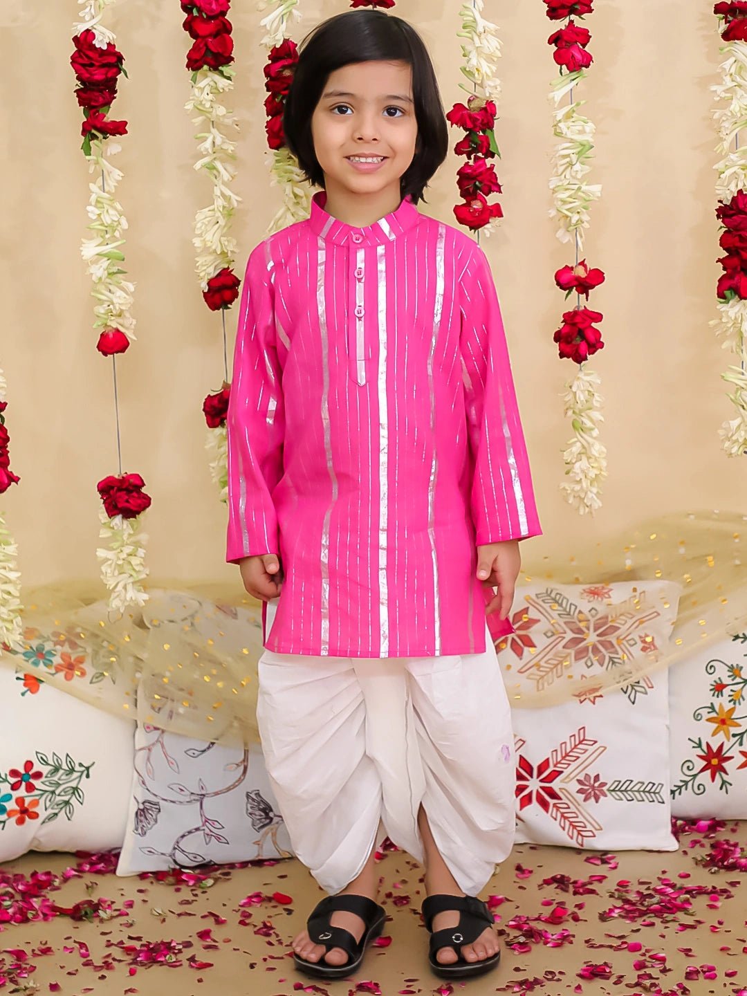 Fast Wear Pure Cotton Lurex Kurta with Dhoti Set for Boys | Traditional Festive Wear ? Pink