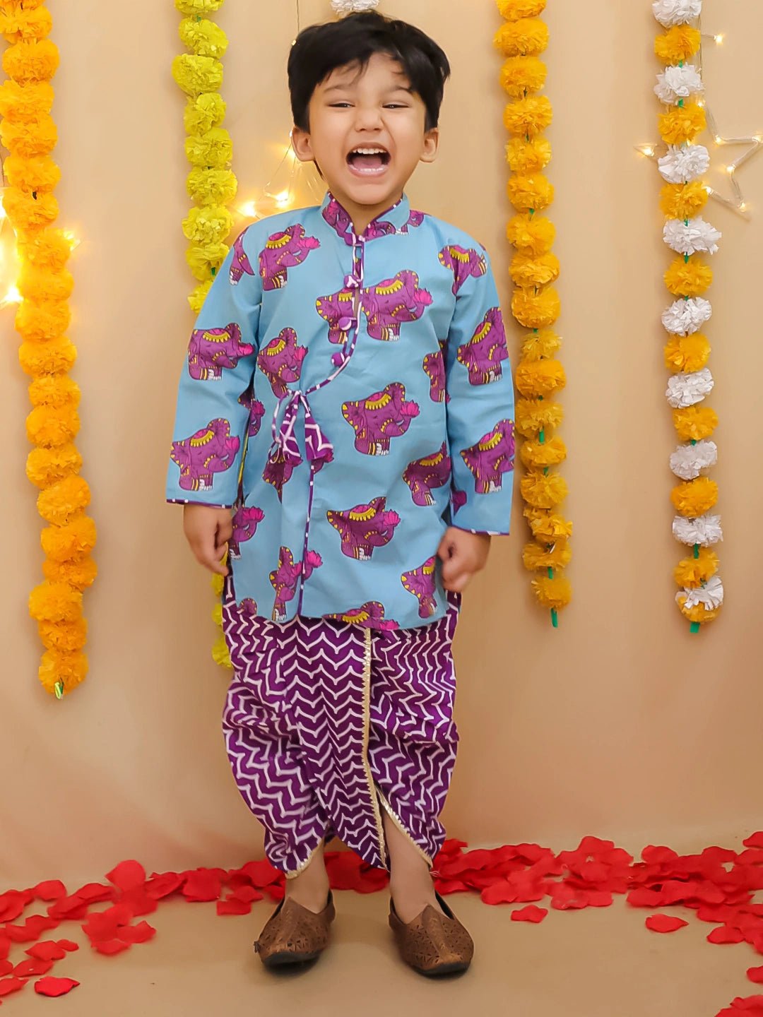 Fast Wear Pure Cotton  Elephant Printed Dhoti Kurta For Infant Boys