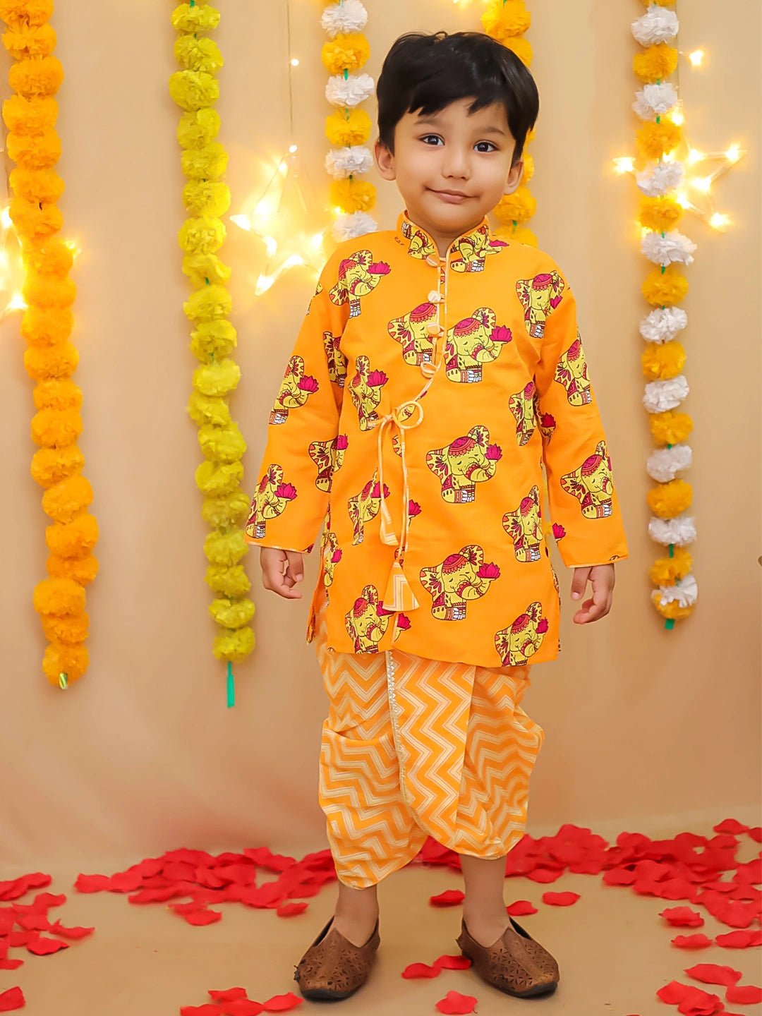 Fast Wear Pure Cotton  Elephant Printed Dhoti Kurta For Infant Boys
