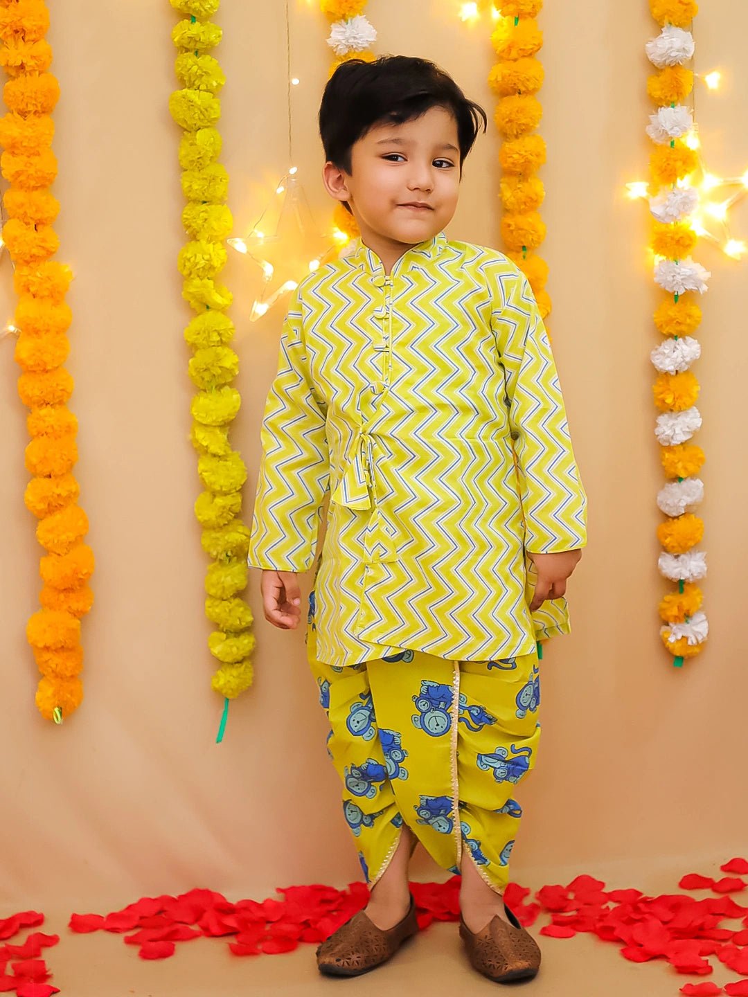 Fast Wear Pure Cotton  Elephant Printed Dhoti Kurta For Infant Boys