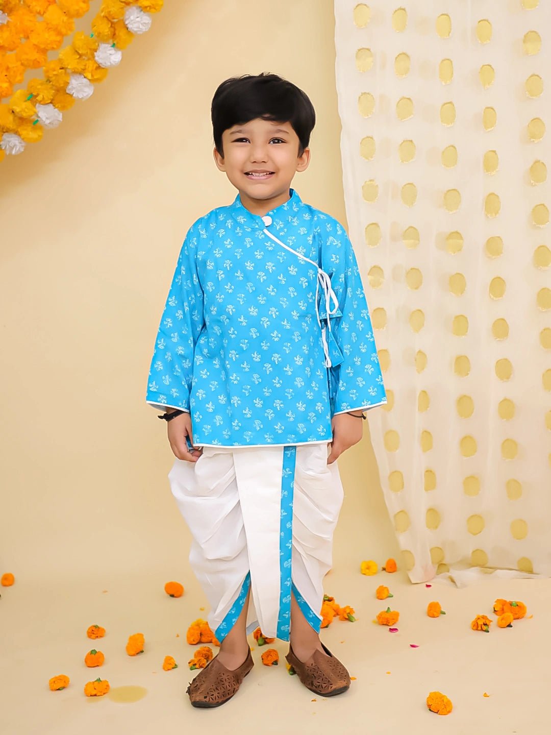 Fast Wear Pure Cotton Printed Angrakha Kurta Dhoti For Boys
