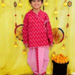 Fast Wear Pure Cotton Printed Angrakha Kurta With Pink Contrast Dhoti For Boys