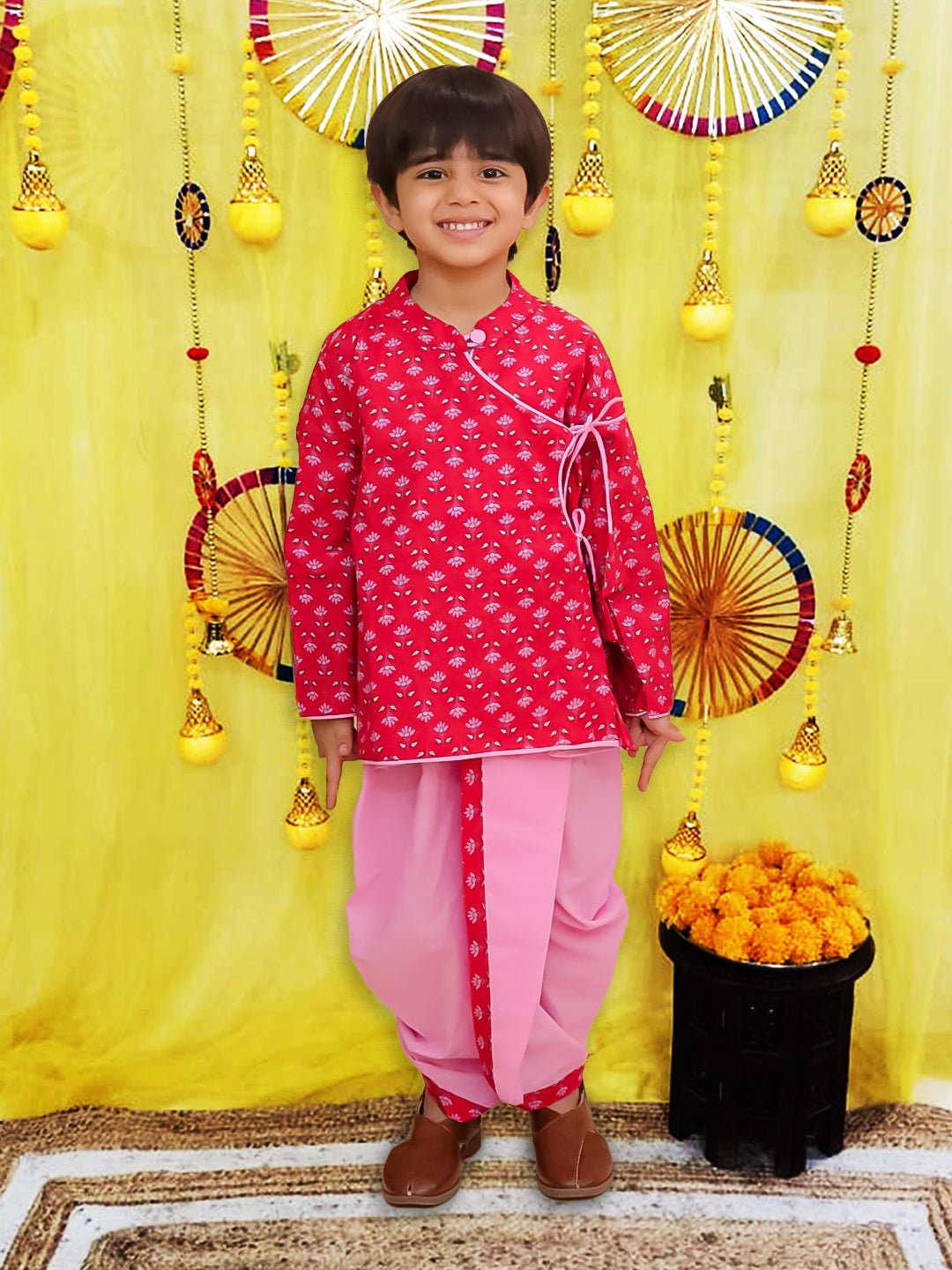 Fast Wear Pure Cotton Printed Angrakha Kurta With Pink Contrast Dhoti For Boys