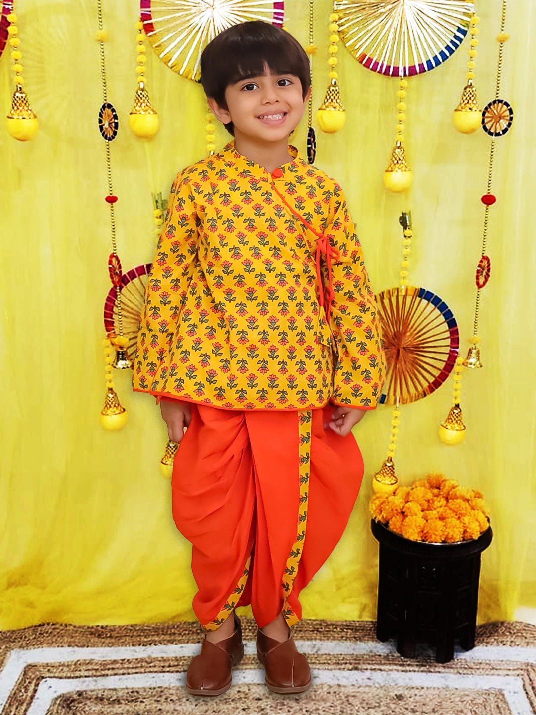 Fast Wear Pure Cotton Printed Angrakha Kurta Dhoti For Boys