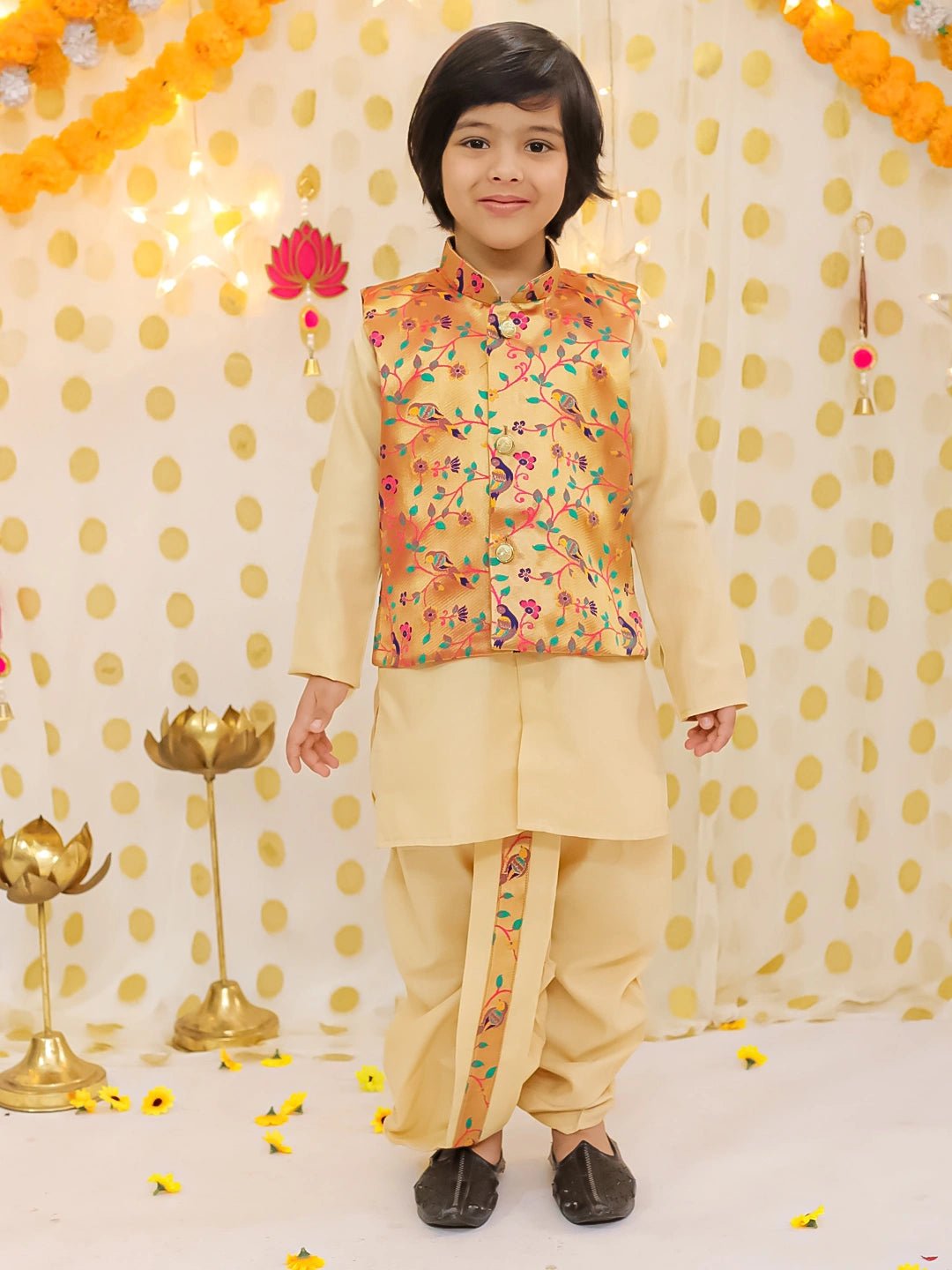 Fast Wear Festive Jacquard jacket With Solid Dhoti Kurta Set For Boys
