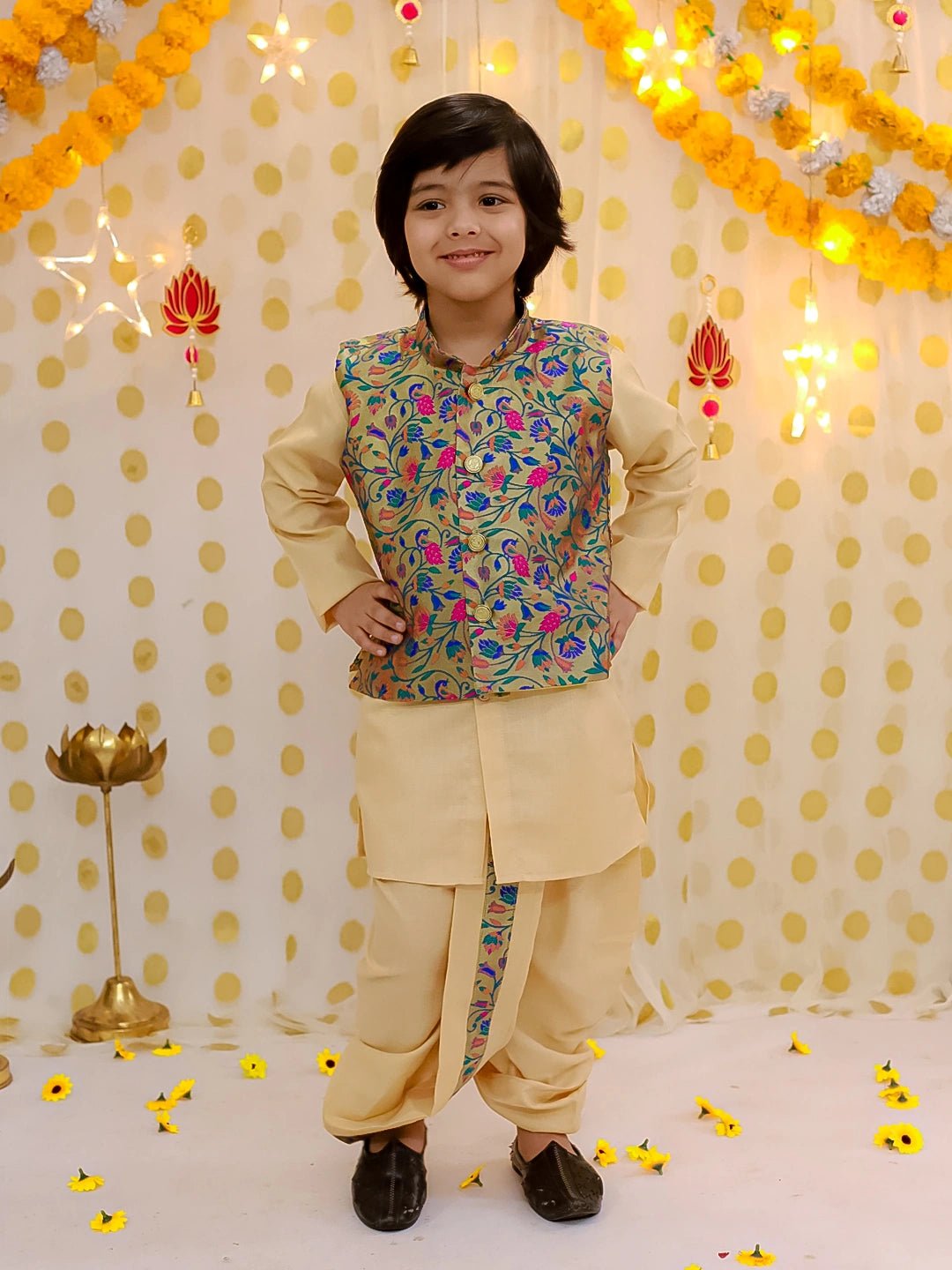 Fast Wear Festive Jacquard jacket With Solid Dhoti Kurta Set For Boys
