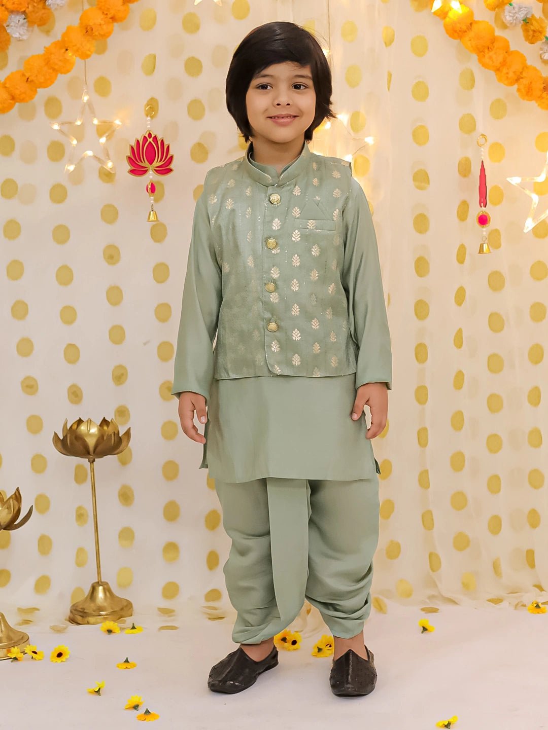 Fast Wear Festive Chanderi Jacket With Solid Dhoti Kurta Set For Boys