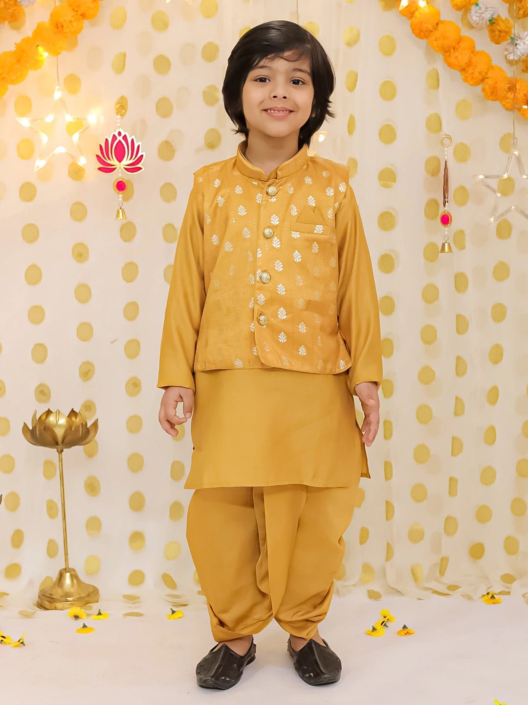 Fast Wear Festive Chanderi Jacket With Solid Dhoti Kurta Set For Boys