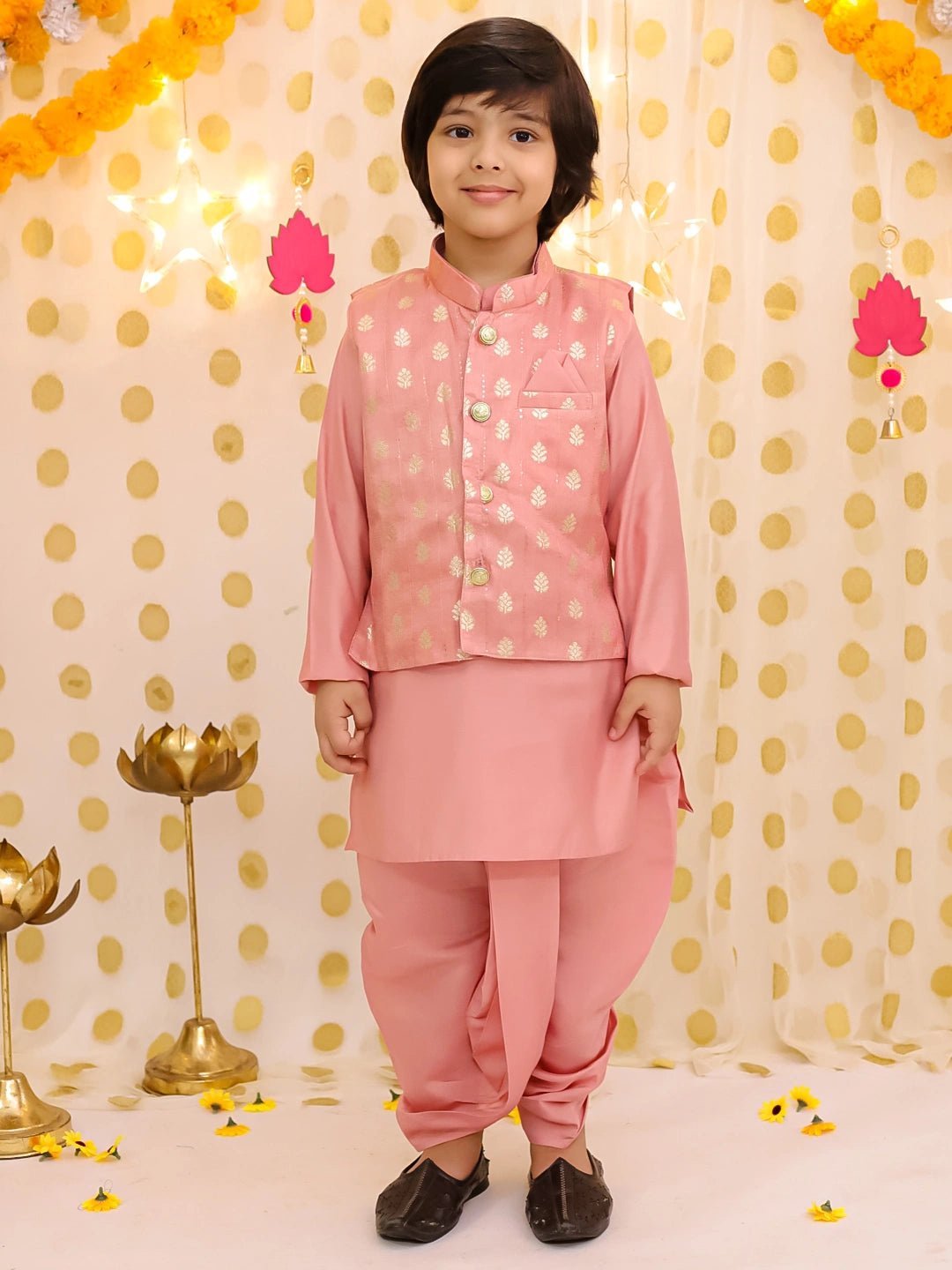 Fast Wear Festive Chanderi Jacket With Solid Dhoti Kurta Set For Boys