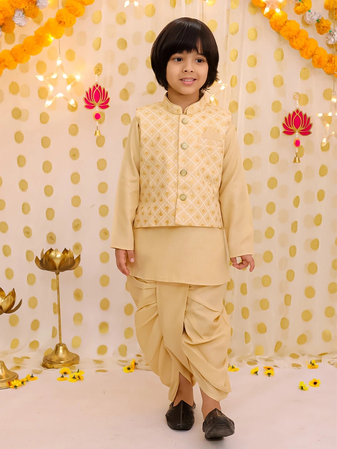 Fast Wear Festive Linen Jacket With Solid Dhoti Kurta Set For Boys