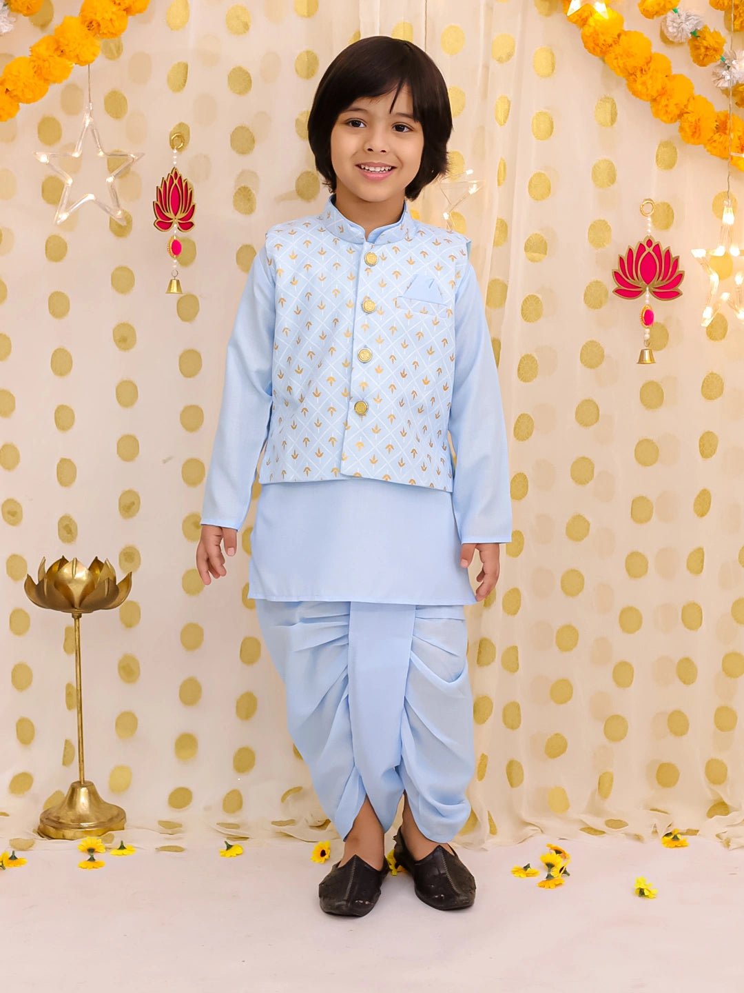 Fast Wear Festive Linen  Jacket With Solid Dhoti Kurta Set For Boys