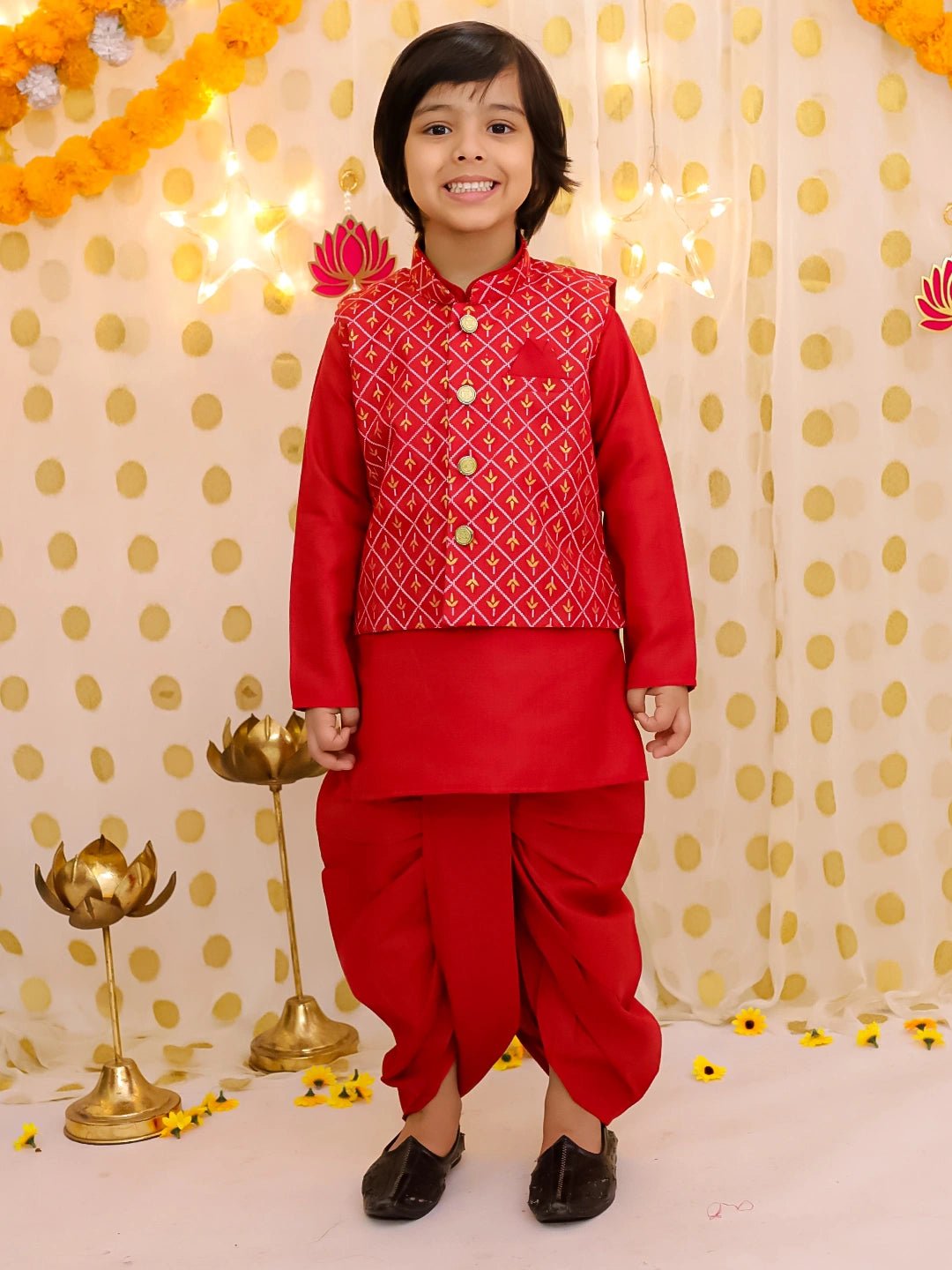 Fast Wear Festive  Blend Jacket With Solid Dhoti Kurta Set For Boys