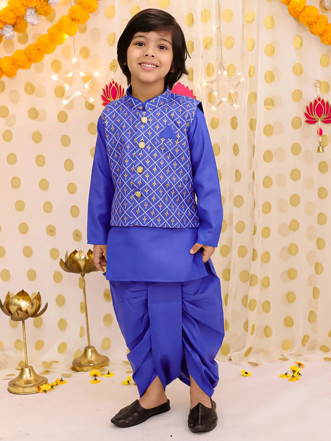 Fast Wear Festive Linen  Jacket With Solid Dhoti Kurta Set For Boys