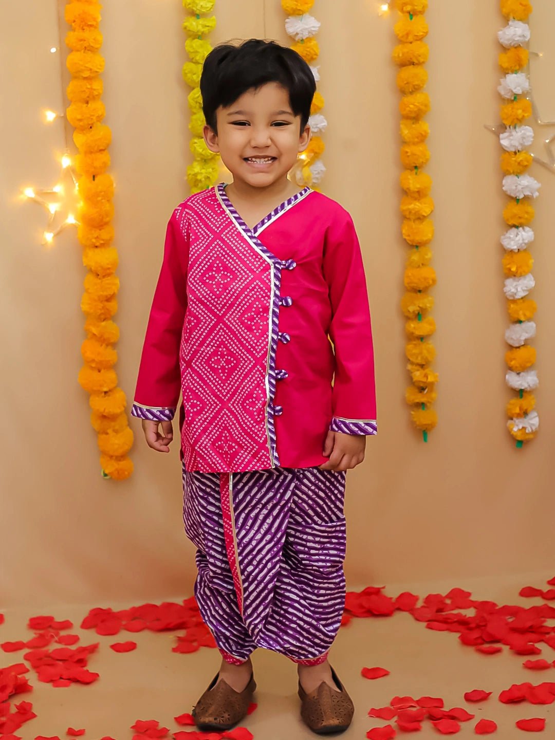 Fast Wear Bandhani Pure Cotton Long Sleeves Dhoti Kurta Set For Boys