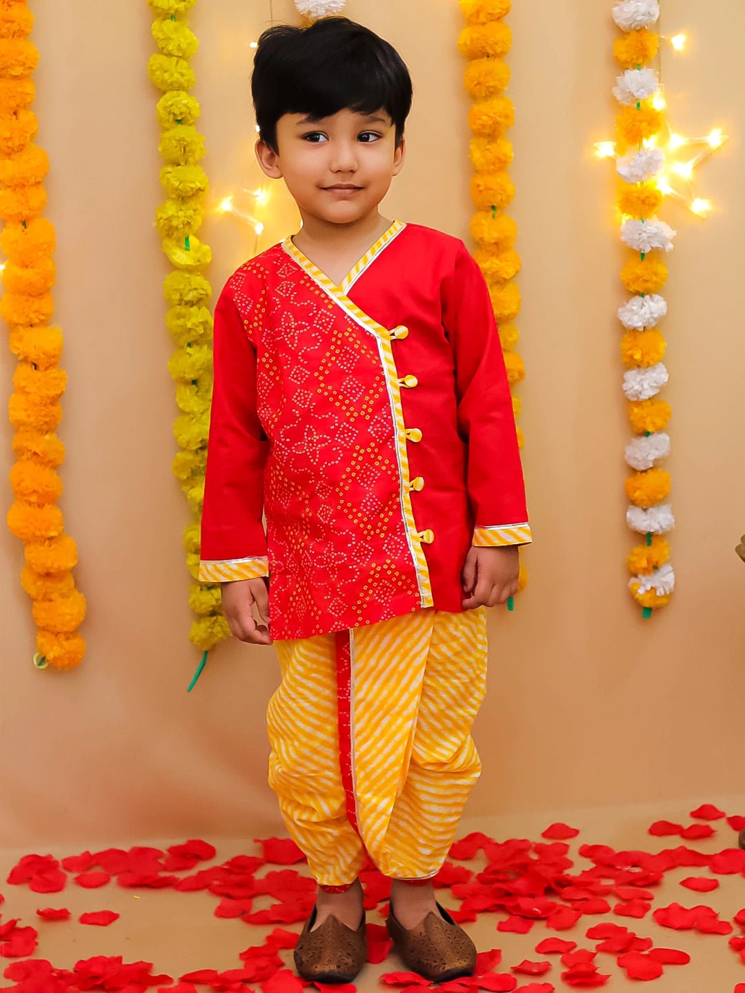 Fast Wear Bandhani Pure Cotton Long Sleeves Dhoti Kurta Set For Boys