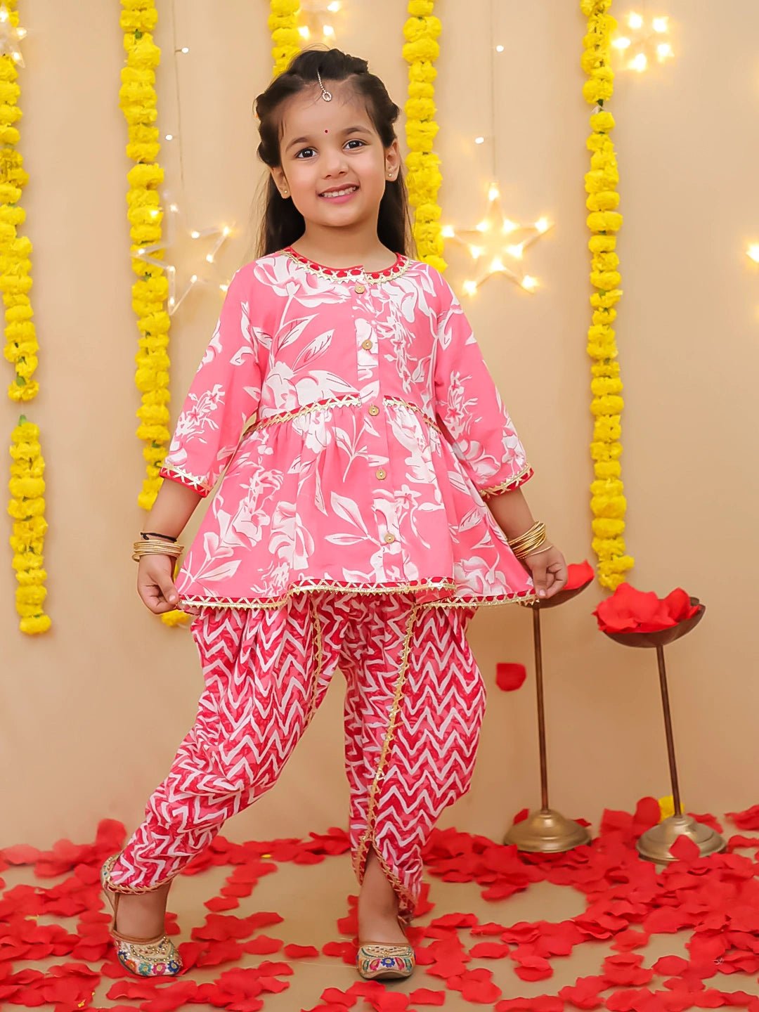 Fast Wear Floral  3/4th Sleeves Top & Bottom Ethnic Clothing Set For Girls