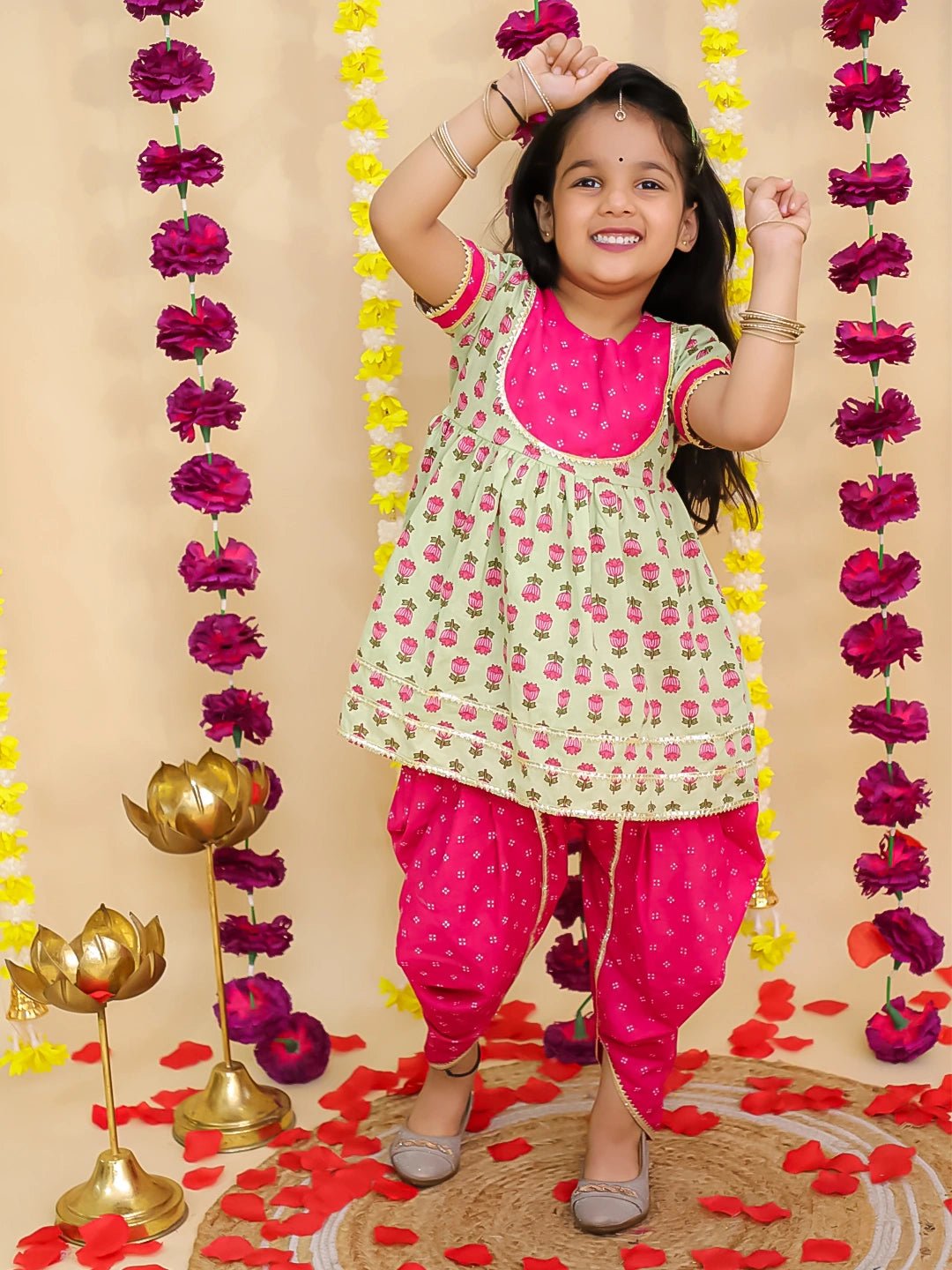 Fast Wear Floral Short Sleeves Kurti With Dhoti Set For Girls