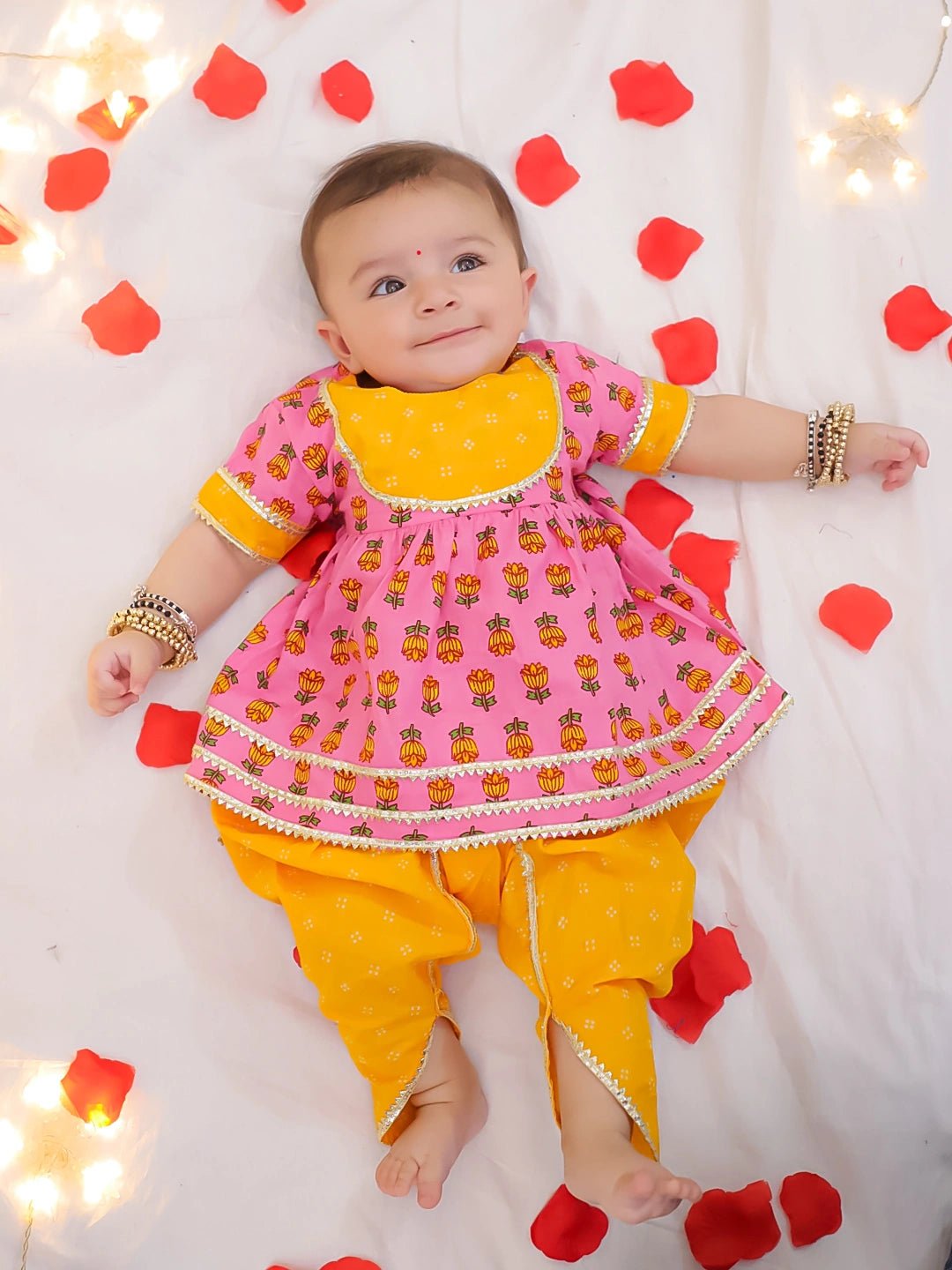 Fast Wear Floral Short Sleeves Dhoti Kurta Set For Girls