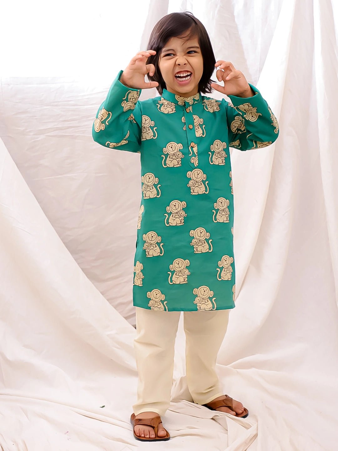 Fast Wear Pure Cotton Quirky Printed Full Sleeves Kurta Pajama Set For Boys