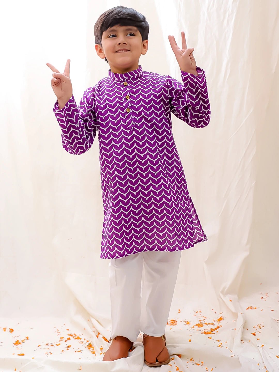 Fast Wear Pure Cotton Printed Full Sleeves Kurta Pajama Set For Boys