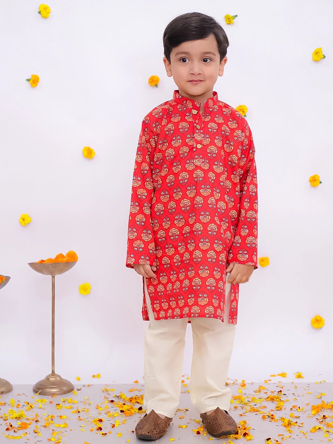 Fast Wear Pure Cotton Printed Full Sleeves Kurta Pajama Set For Boys