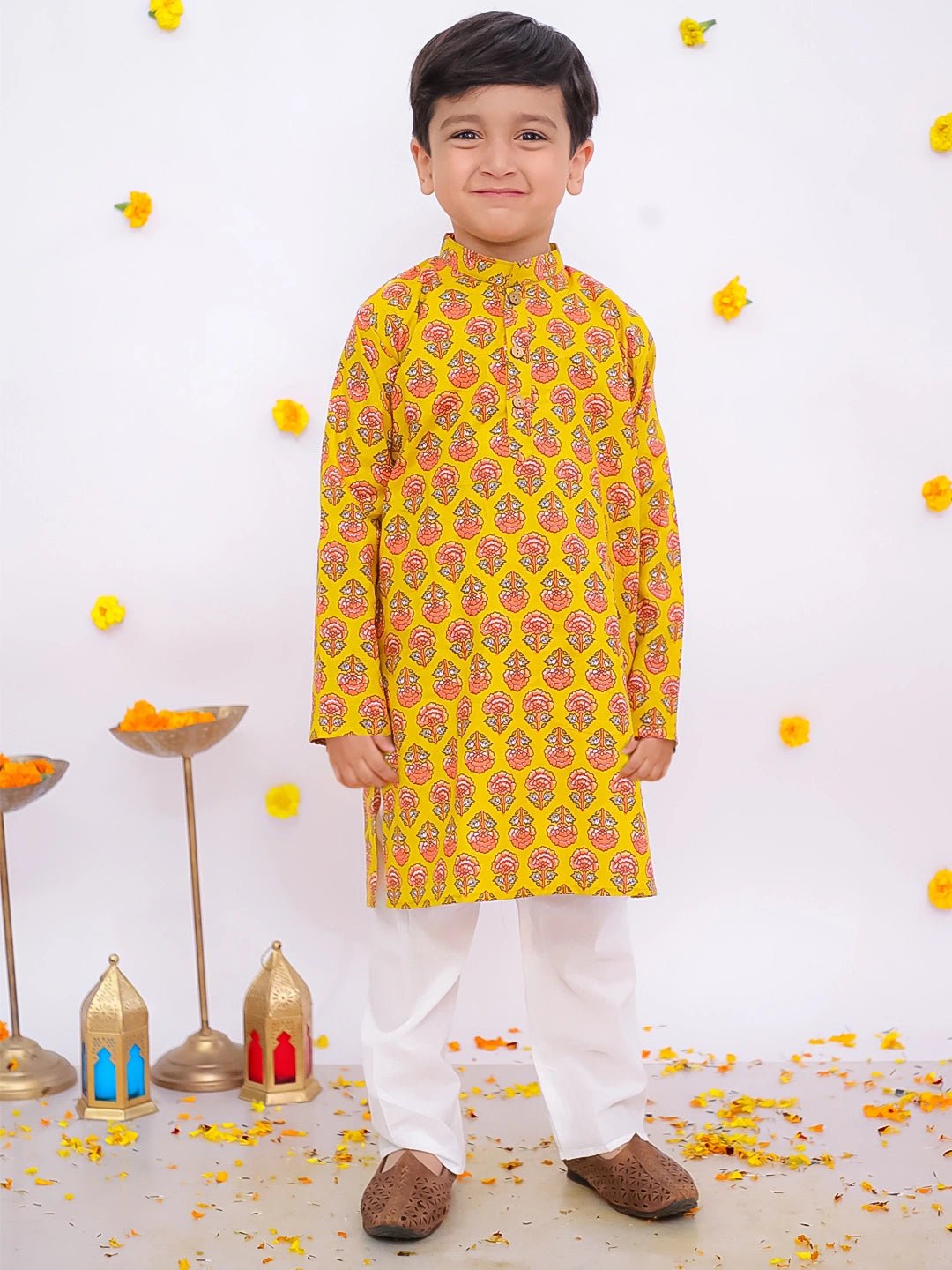 Fast Wear Pure Cotton Printed Full Sleeves Kurta Pajama Set For Boys