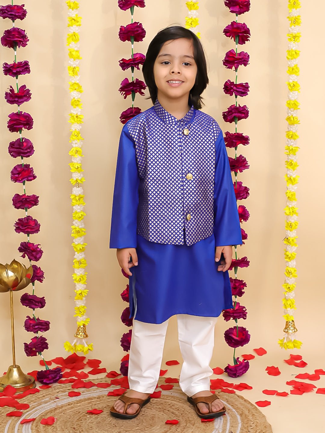 Fast Wear Jacquard Jacket with Solid Cotton Kurta Pajama Set for Boys