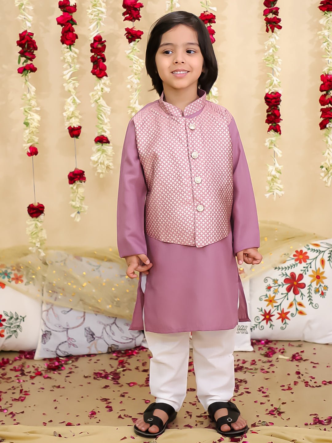 Fast Wear Jacquard Jacket with Solid Cotton Kurta Pajama Set for Boys