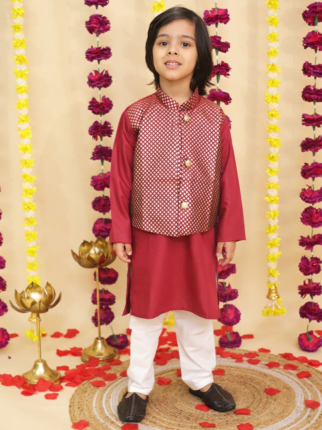 Fast Wear Jacquard Jacket with Solid Cotton Kurta Pajama Set for Boys