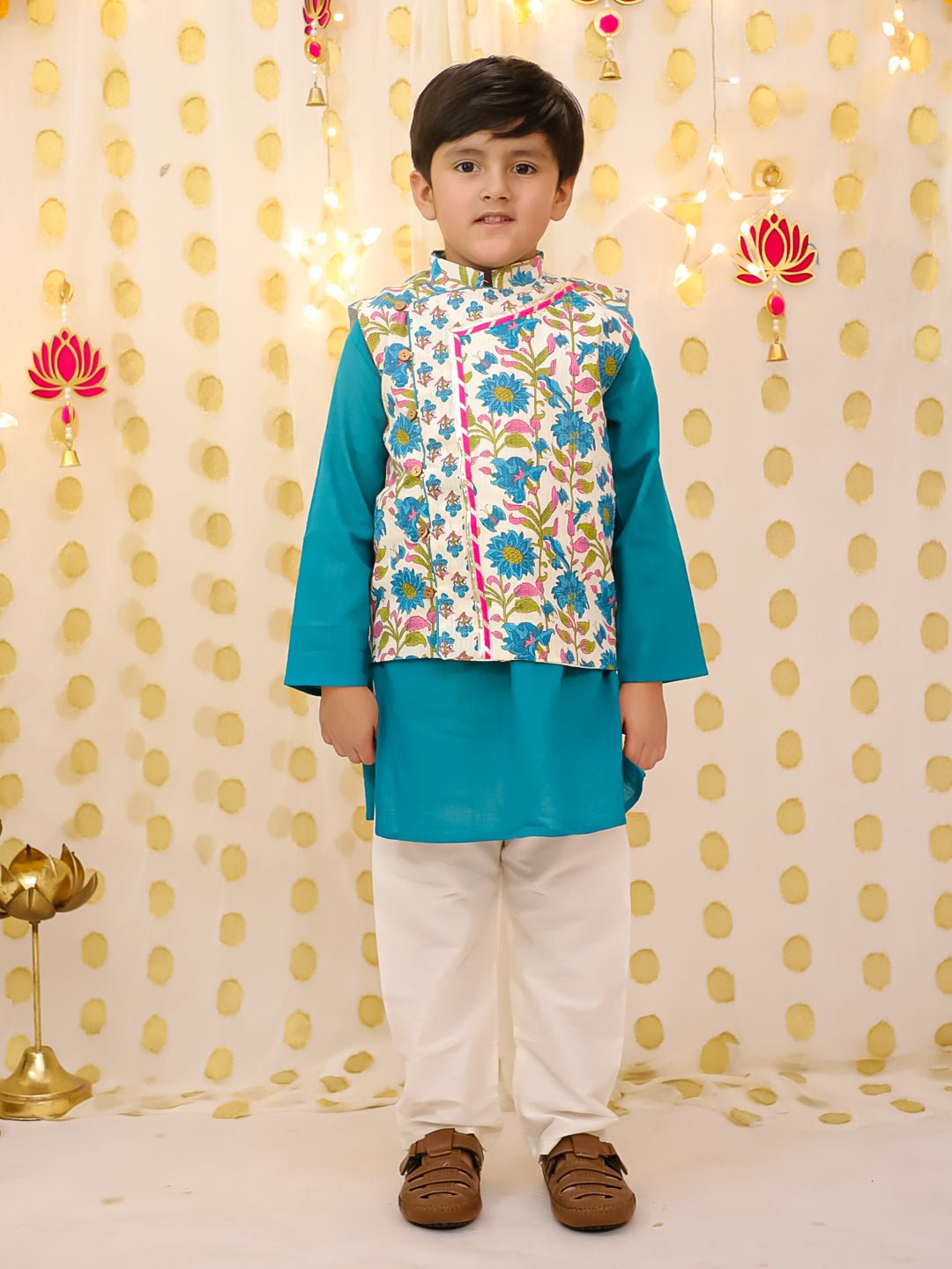 Fast Wear Pure Cotton Printed Jacket With Solid Kurta Pajama Set For Boys