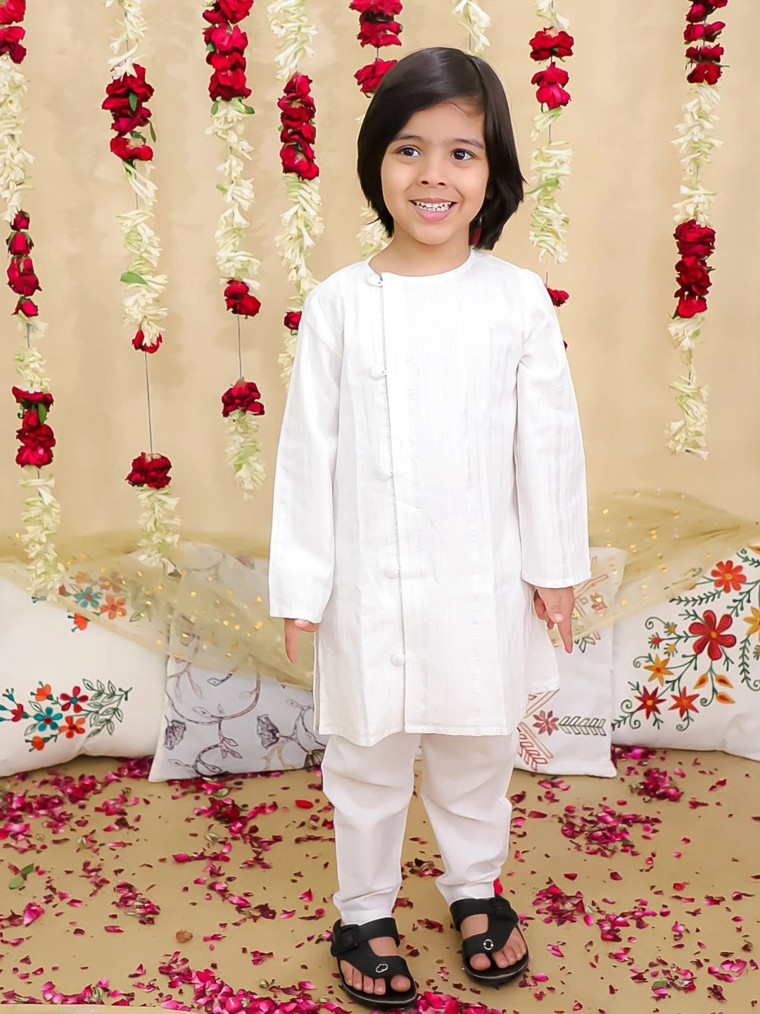 Fast Wear Pure Cotton Lurex Kurta Pajama Set for Boys | Festive Traditional Wear ? White (Pre