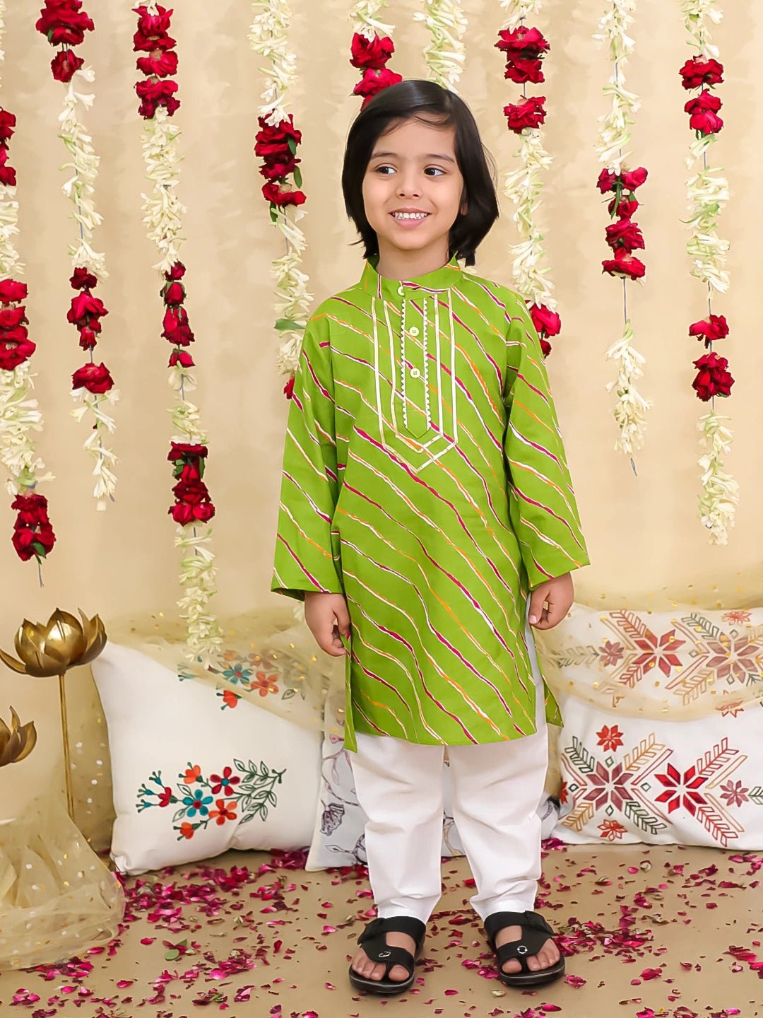 Fast Wear Pure Cotton Lehriya Kurta Pajama Set for Boys | Traditional Festive Wear ? Green