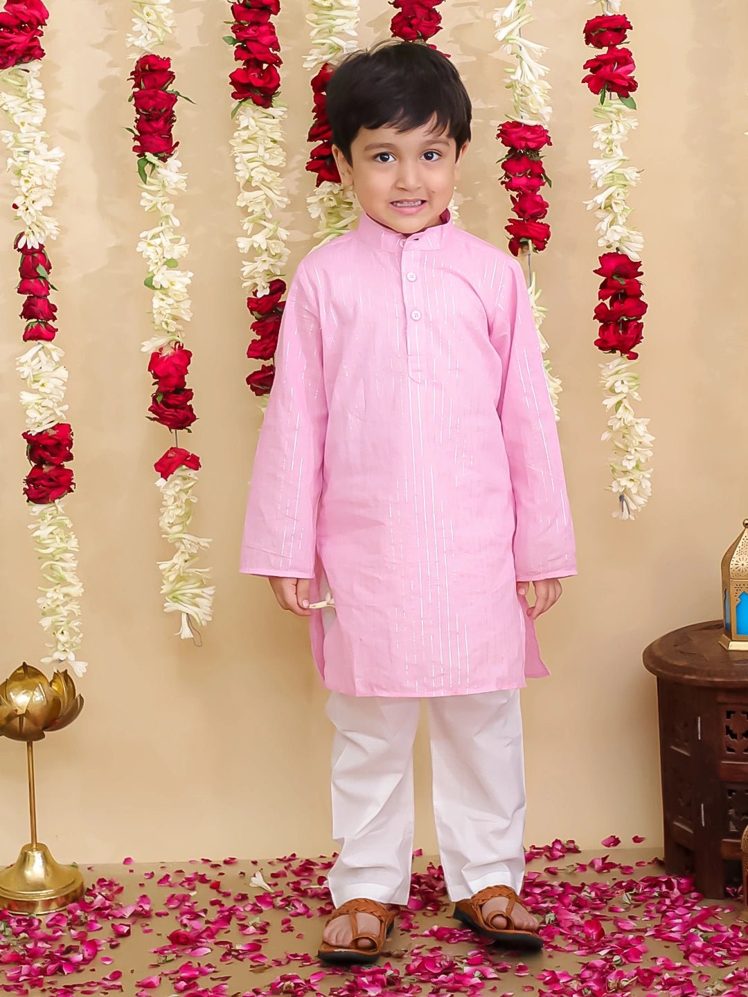 Fast Wear Pure Cotton Lehriya Kurta Pajama Set for Boys | Traditional Festive Wear ? Pink