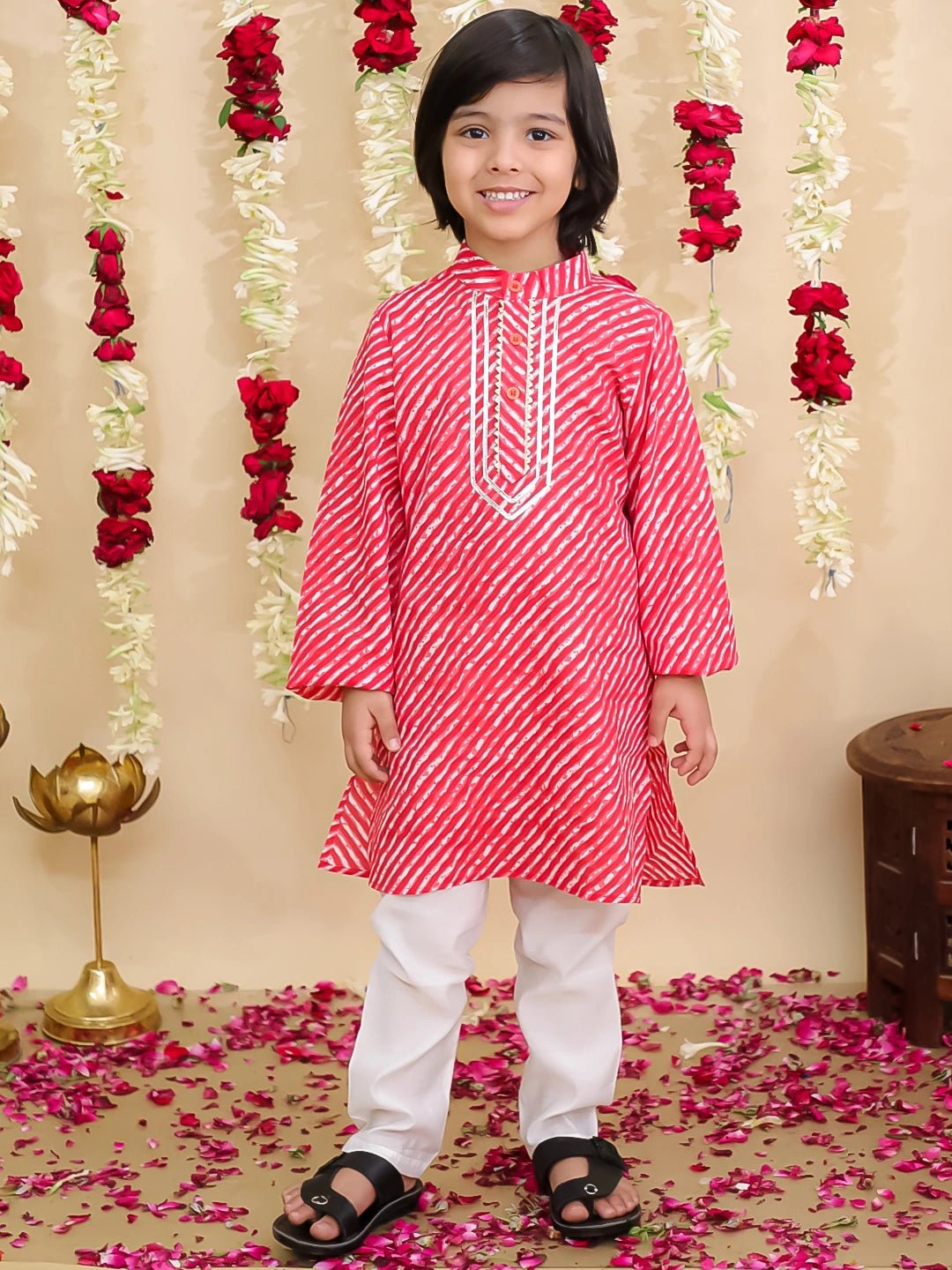 Fast Wear Pure Cotton Lehriya Kurta Pajama Set for Boys | Traditional Festive Wear ? Red